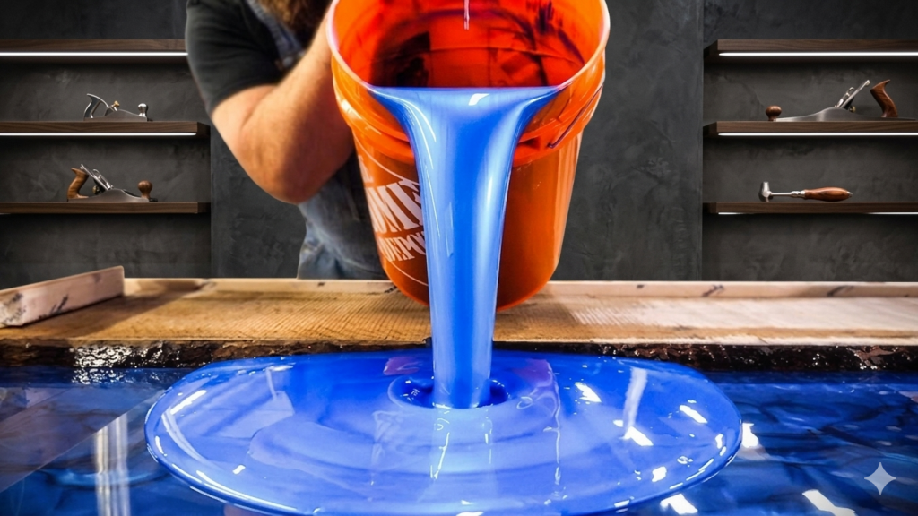 Calculadora de resina epoxi para proyectos de madera y mesas de río: aprende a medir la cantidad exacta de mezcla, micas y pigmentos para evitar desperdicios en tus manualidades.